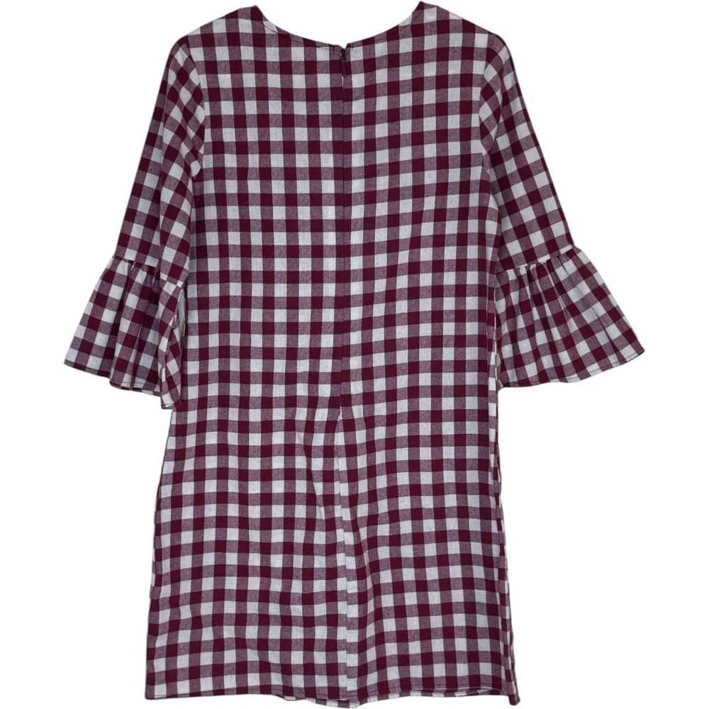 Ces Femme Shift Dress Womens Medium Burgundy Gingham Plaid Bell Sleeve Ruffle - Picture 7 of 9
